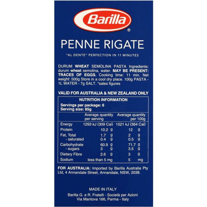 Barilla pasta nutrition facts